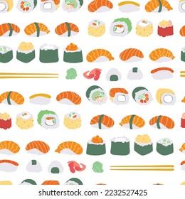 Sushi Walzen Muster nahtlos. Traditionelle japanische Küche. Vektorstruktur