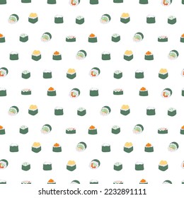 Sushi rolls pattern seamless. Traditional Japanese food background. Vector texture