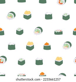 Sushi rolls pattern seamless. Traditional Japanese food background. Vector texture