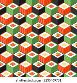 Sushi rolls pattern seamless. Traditional Japanese food background. Vector texture