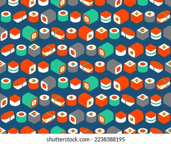 El patrón de rollos de sushi no tiene fisuras. Tradicional comida japonesa. Textura vectorial
