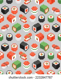 Sushi rolls pixel art pattern seamless. 8 bit Traditional Japanese food background. pixelated Vector texture