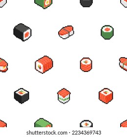 Sushi rolls pixel art pattern seamless. 8 bit Traditional Japanese food background. pixelated Vector texture