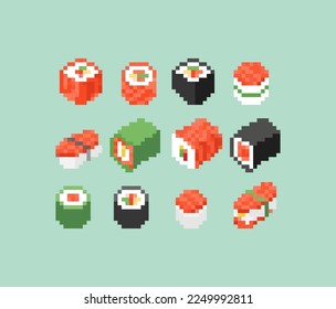 El sushi arroja un juego de píxeles. Cocina japonesa tradicional de 8 bits. ilustración de vector pixelado