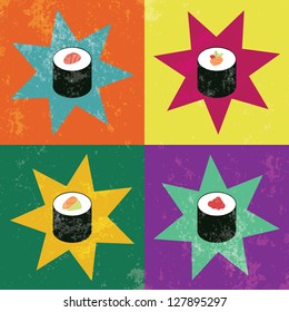 Sushi Rolls Pop Art Design with Grunge Texture
