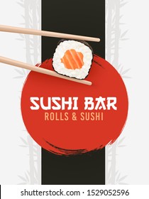 Sushi and rolls poster. Sushi bar ad, horisontal flyer. Realistic vector illustration