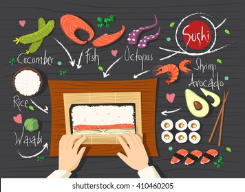 Sushi rolls recipe. Making sushi. Seafood sushi with many ingredients