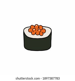 Sushi and rolls with red caviar. Traditional Japanese food. Vector illustration in doodle style.
