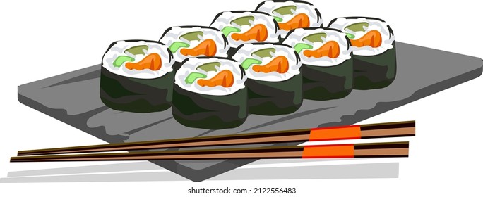 Sushi rolls with red fish, cucumber, avocado and rice wrapped in nori sheet, on a gray stone plank with chopsticks, traditional Japanese food, vector image isolated on white background