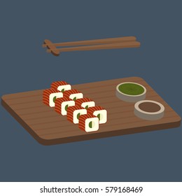 Sushi and rolls with red fish on the wooden boards - vector