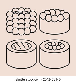 Sushi Rolls with Red Сaviar and Salmon with Sesame, Vector Illustration Outline