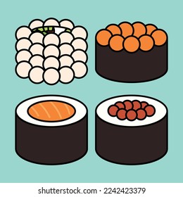 Rollos de sushi con С rojo aviar y salmón con sésamo, ilustración vectorial en un fondo azul