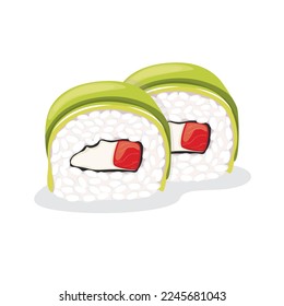 Sushi rolls with rice, avocado, tomato and cheese wrapped in cucumber.
