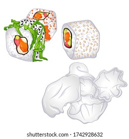Sushi rolls and rice chips set. Hand drawn vector illustration isolated on white background. Different filling as fish, vegetables and cheese. Japanese cuisine, traditional food icon.