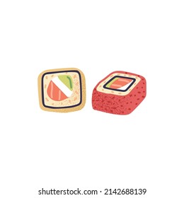 Sushi rolls with rice, red fish, avocado and cheese wrapped in nori and caviar. Japanese sea food in western style. Asian maki. Flat vector illustration isolated on white background.