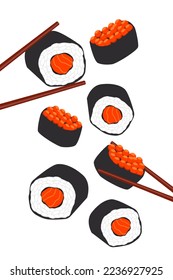 Sushi rolls with salmon and caviar. Vector illustration for asian food design