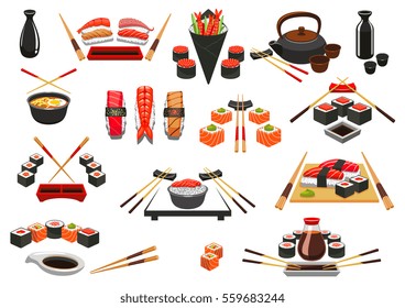 Sushi rolls, sashimi and seafood japanese oriental cuisine of salmon fish and shrimp, steamed rice and miso soup, bento, green tea, wasabi and soy sauce, chopsticks. Sushi bar menu vector icons