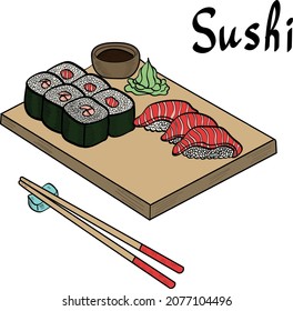 Sushi rolls. sea food, asian, japan vector doodle hand drawn isolated illustration on brignt background. Concept for menu, cards, print