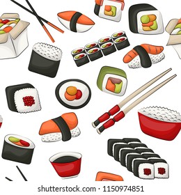 Sushi rolls seamless pattern. Asian food restaurant menu repeat background concept. Vector illustration.