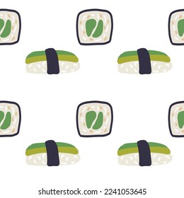 Sushi rolls seamless pattern with avocado green. Background asian seafood vector illustration on white background. Seamless pattern for menu, packaging design.