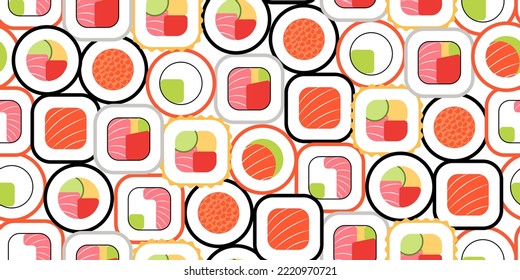 Los rollos de sushi son un patrón sin fisuras para la tela, el papel de envoltura, el papel tapiz, el fondo del sitio web. Patrón de sushi brillante con diferentes sabores sobre fondo blanco. Ilustración vectorial de la comida asiática japonesa