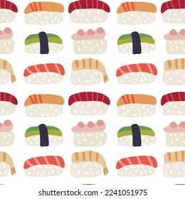 El Sushi se prepara de forma transparente con peces, salmón, atún, aguacate y maleza marina. Ilustración del vectores de mariscos asiáticos de fondo sobre fondo blanco. Patrón transparente para el menú, diseño de empaquetado.
