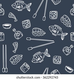 Sushi and rolls seamless pattern. Hand drawn sketch Japanese food seamless background. Sushi texture. Vector illustration