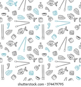 Sushi and rolls seamless pattern. Hand drawn Japanese food seamless background. Vector illustration