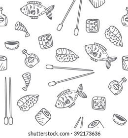 Sushi and rolls seamless pattern. Hand drawn sketch Japanese food seamless background. Vector illustration