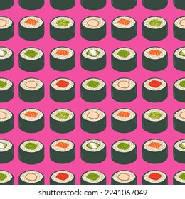 Sushi rolls seamless pattern japan asian food vector design isolated on colorful background