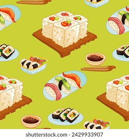 Sushi rolls seamless pattern japan Asian food vector design isolated on colorful background