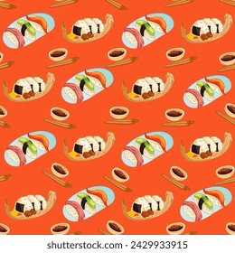Sushi rolls seamless pattern japan Asian food vector design isolated on colorful background