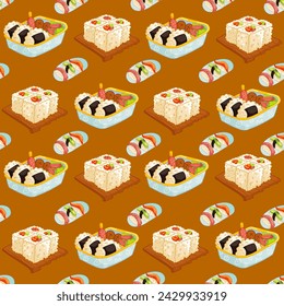 Sushi-Rollen nahtloses Muster Japan asiatische Lebensmittel Vektor-Design isoliert auf buntem Hintergrund