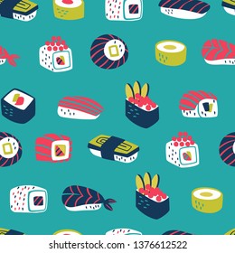 Sushi and Rolls Seamless Pattern. Japanese Food Background. 