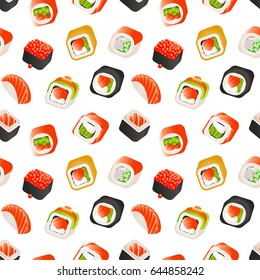Sushi and rolls seamless pattern, Japanese food vector colorful background illustration. Wrapping template.
