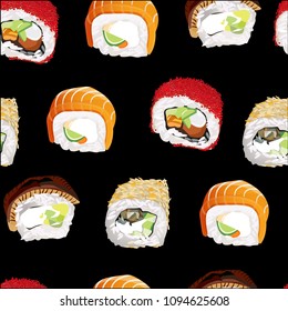 Sushi and rolls seamless pattern on black background