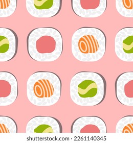 Sushi rollt nahtloses Muster auf rosafarbenem Hintergrund