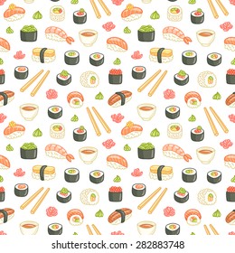 Sushi and rolls seamless pattern on white background