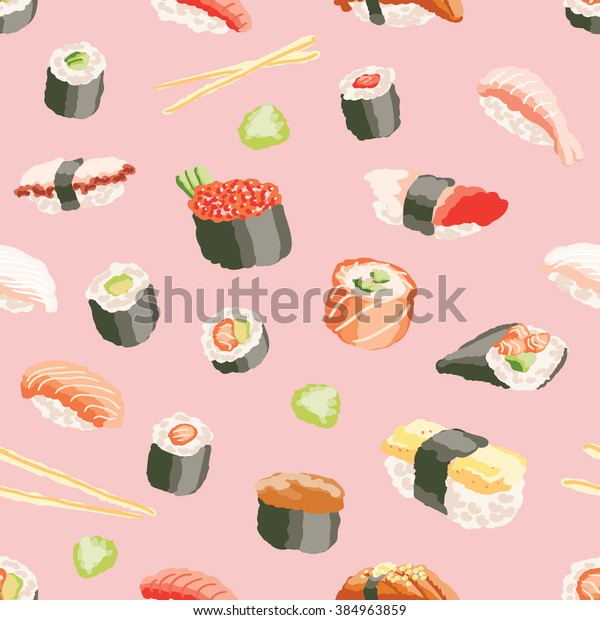 Sushi Rolls Seamless Pattern On Pink Stock Vector (Royalty Free ...