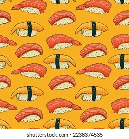 Sushi and rolls seamless pattern in retro style. Doodle vector illustration print for wrapping paper, textile, fabric, wallpaper