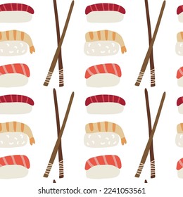 Sushi rolls seamless pattern with salmon, tuna, chopsticks. Background asian seafood vector illustration on white background. Seamless pattern for menu, packaging design.
