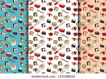Sushi rolls seamless pattern set. Asian food restaurant menu repeat background concept. Vector illustration.