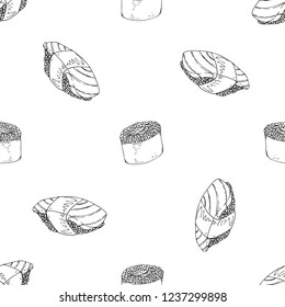 Sushi, rolls seamless pattern. Vector illustration japanese food sushi seamless pattern. 