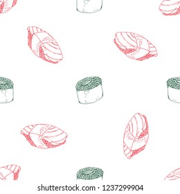 Sushi, rolls seamless pattern. Vector japanese food sushi seamless pattern. Hand drawn sushi rolls.