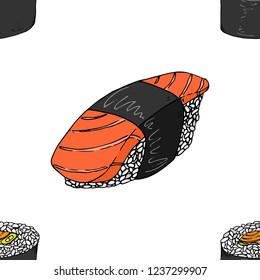 Sushi, rolls seamless pattern. Vector illustration japanese food sushi seamless pattern. Hand drawn sushi rolls.