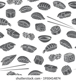 Sushi rolls seamless pattern vector monochrome glyph isolated background. Japanese food sushi rolls illustration in engraved style