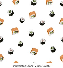 Sushi and rolls seamless pattern. Vector background of sushi, rolls, with different fillings. Japanese Asian traditional food. Seamless background for textile, web, print