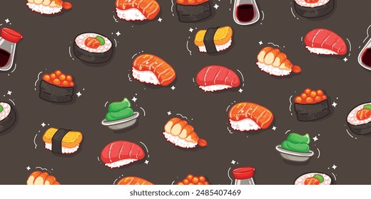 Sushi y rollos, patrón de estilo sin fisuras. Imágenes brillantes de sushi, cocina japonesa, ilustración de patrón.