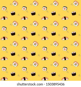 Sushi and rolls seamless vector pattern on a yellow background.
