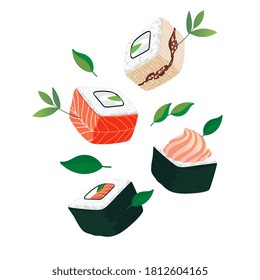 Sushi rolls set with classic philadelphia, california and lava roll.
Japanese food. Asia cuisine. Sushi roll with salmon,smoked eel and cream cheese. Vector illustration